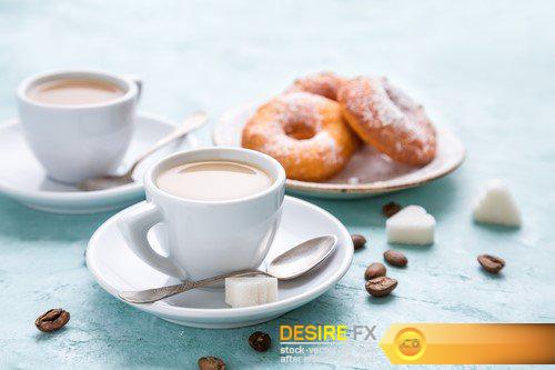 Two cups of coffee with cream and homemade donuts 5X JPEG