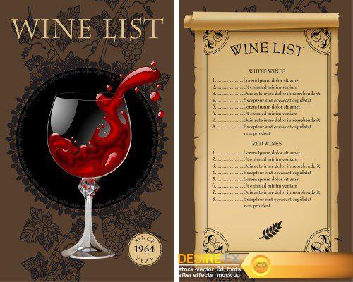 Wine list with old parchment, grapes, bottle and wineglass with splashed wine