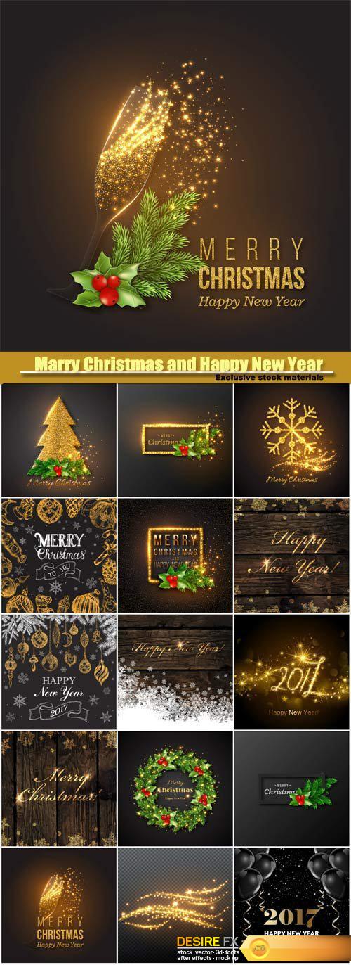 Marry Christmas and Happy New Year vector, golden decoration, champagne splash