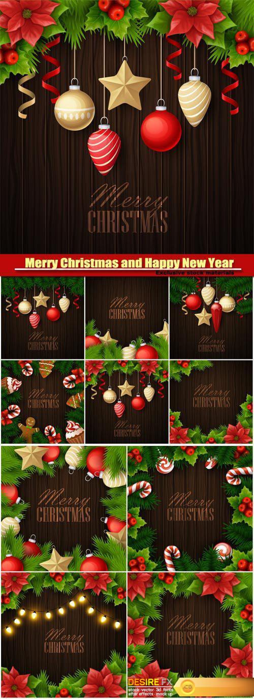Merry Christmas and Happy New Year vector background, holiday celebration