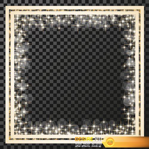 Vector rectangle frame with golden stars on the transparency background, sparkles golden symbols, star glitter, stellar flare, shining reflections