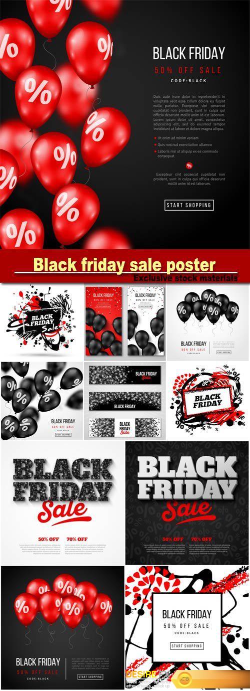 Black friday sale poster with red glossy balloons on dark background, vector illustration