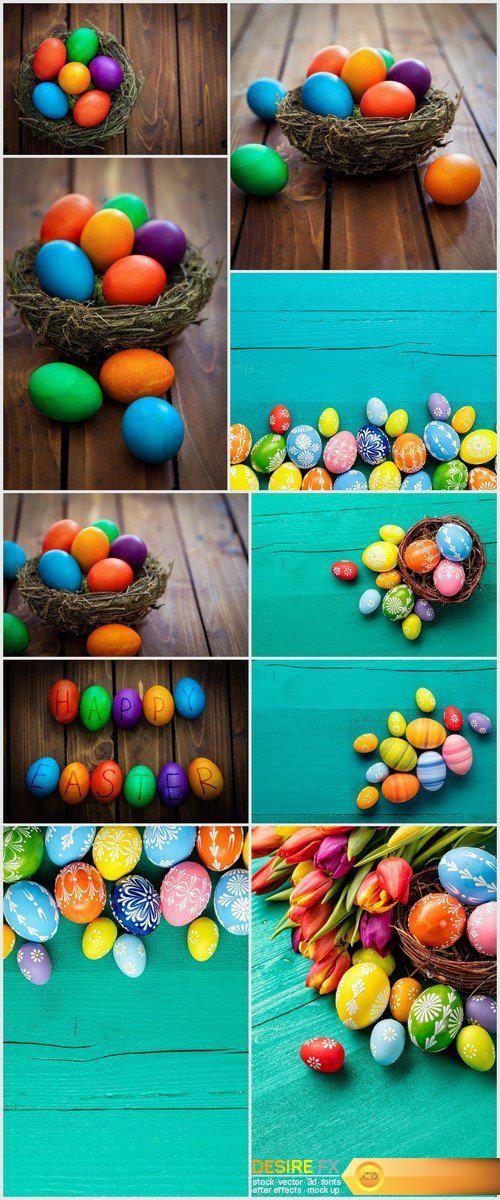 Easter eggs in basket placed on wooden planks 10X JPEG
