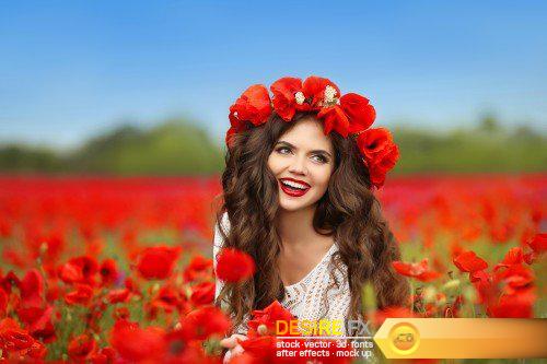 Fashion model girl portrait with red roses and red poppies