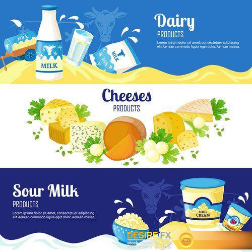 Milk Products banners with advertising of different cheeses sour cream and milk  11X EPS