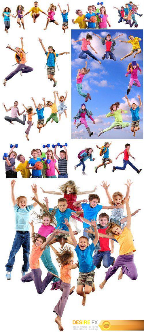 Happy dancing jumping children isolated over white background 9X JPEG