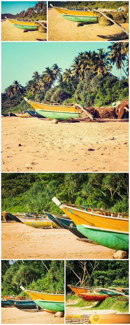 Fishing boats on a tropical beach with palm trees in the background 6X JPEG