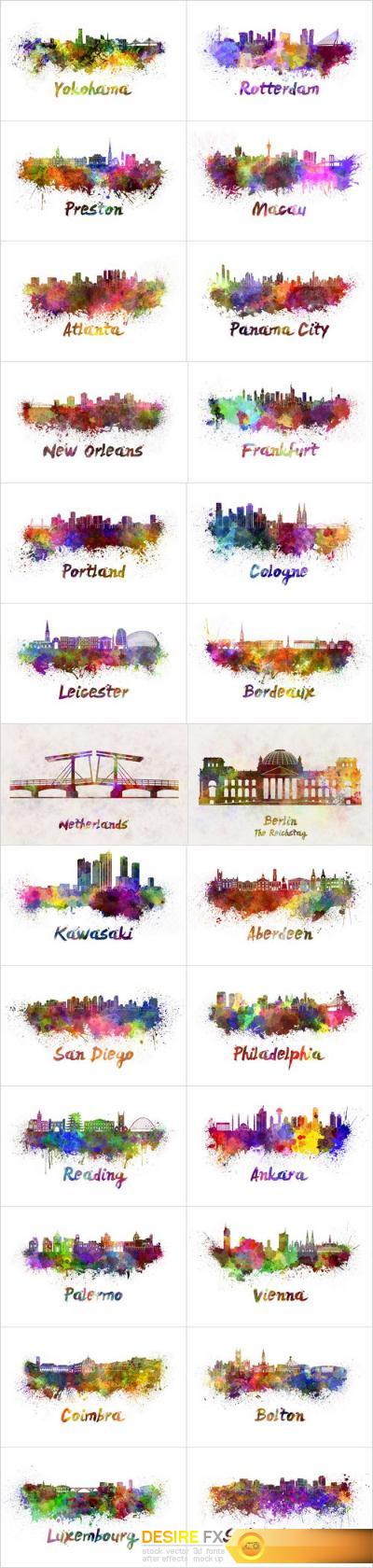 Silhouettes of cities & Skyline in watercolor - Set of 26xUHQ JPEG Professional Stock Images