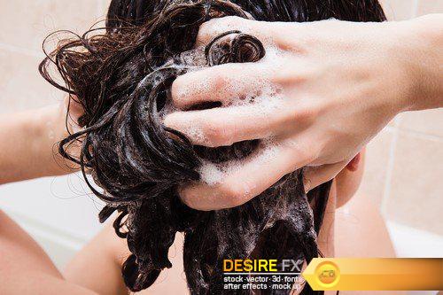 Woman in the bathroom, shampoo foams on their heads 9X JPEG