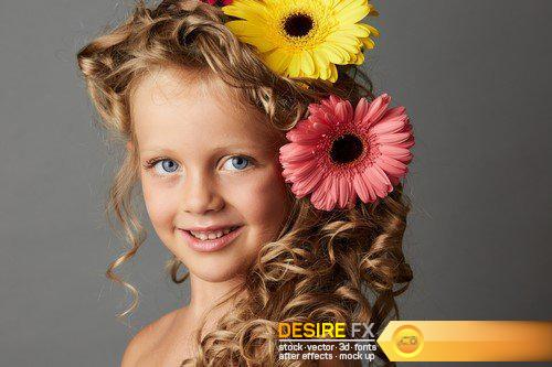Portrait of a little girl with gerbera flowers 9X JPEG