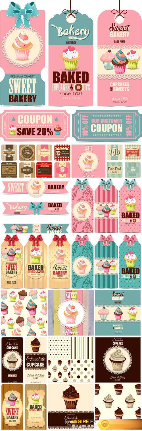 Vector collection of labels with cupcakes and cake