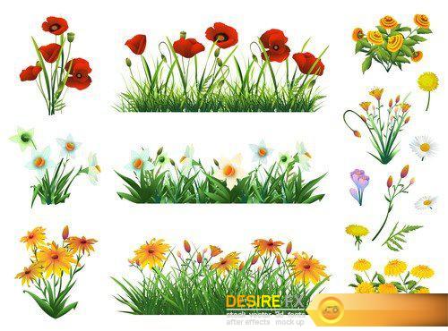 Flowers and grass set of vector elements Nature and ecology 12X EPS
