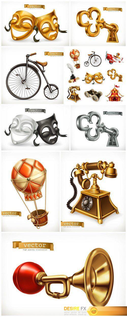 Old objects Vintage icon set, 3d vector 9X EPS