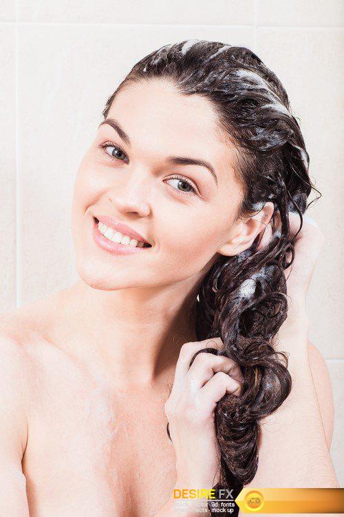 Woman in the bathroom, shampoo foams on their heads 9X JPEG