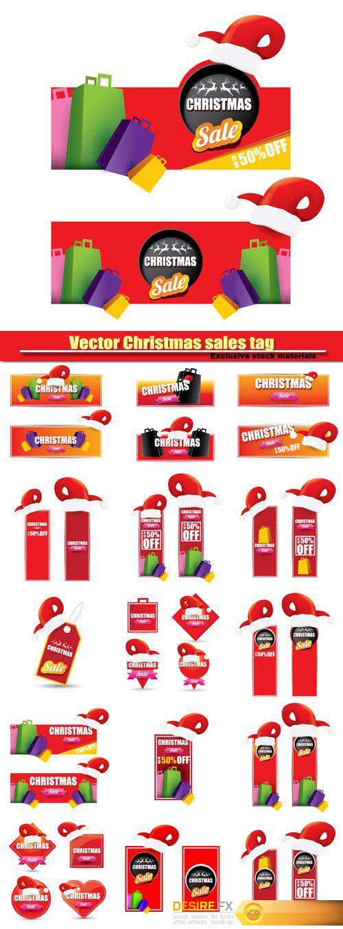 Vector Christmas sales tag and label with red santa hat