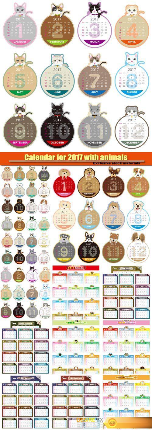 Colorful Calendar for 2017 with funny animals