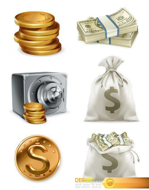 Paper money and gold coin, 3d vector icon set 6X EPS
