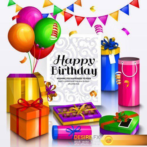 Happy birthday greeting card, pile of colorful wrapped gift boxes, lots of presents and toys