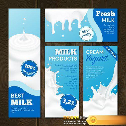 Milk Products banners with advertising of different cheeses sour cream and milk  11X EPS