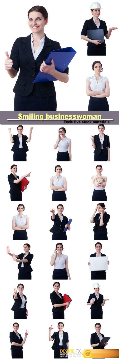 Smiling businesswoman standing over white isolated background Smiling businesswoman standing over white isolated background