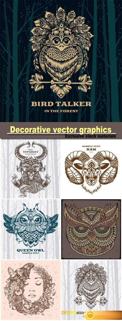 Decorative vector graphics, bird talker, goat, owl and girl on the nature