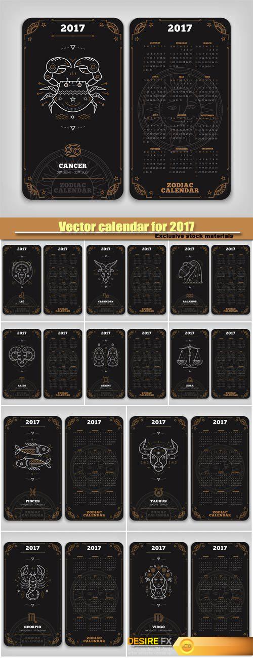 Vector calendar for 2017 with zodiac signs