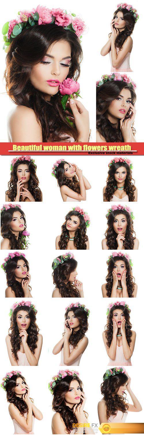 Beautiful woman with curly and flowers wreath