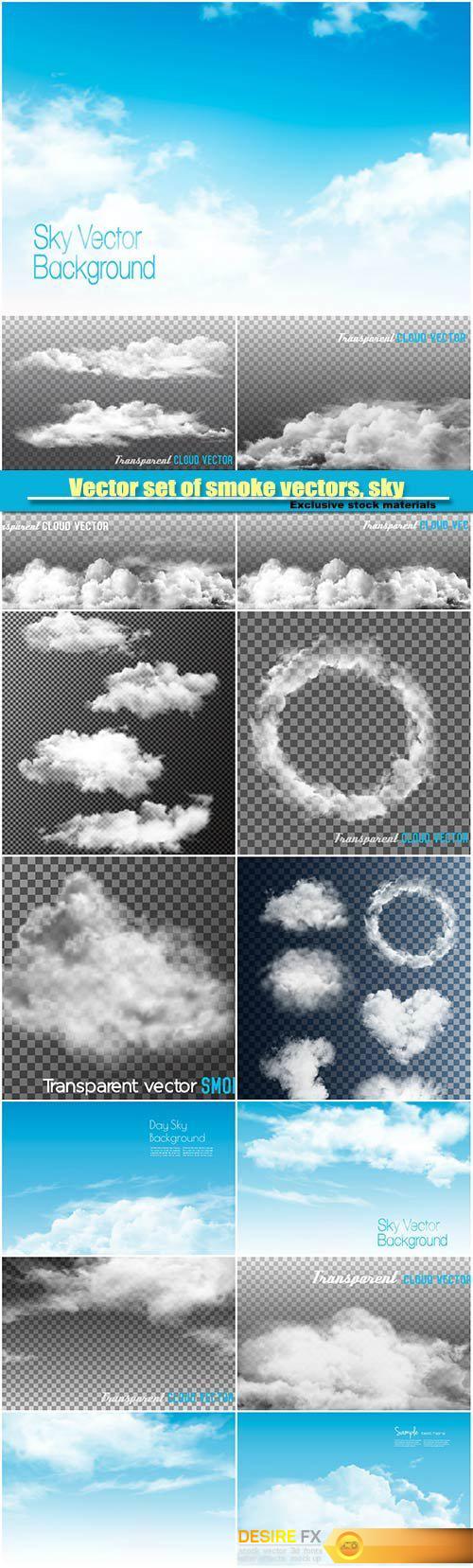 Vector set of smoke vectors, sky with clouds