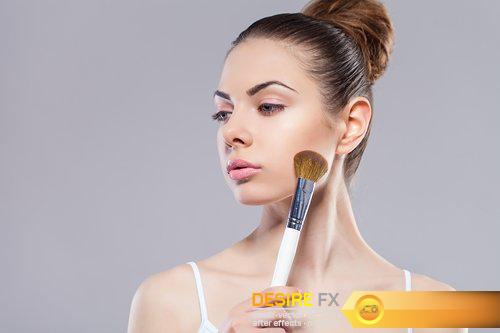 Beauty girl with makeup brushes. Perfect smooth skin - 13 UHQ JPEG