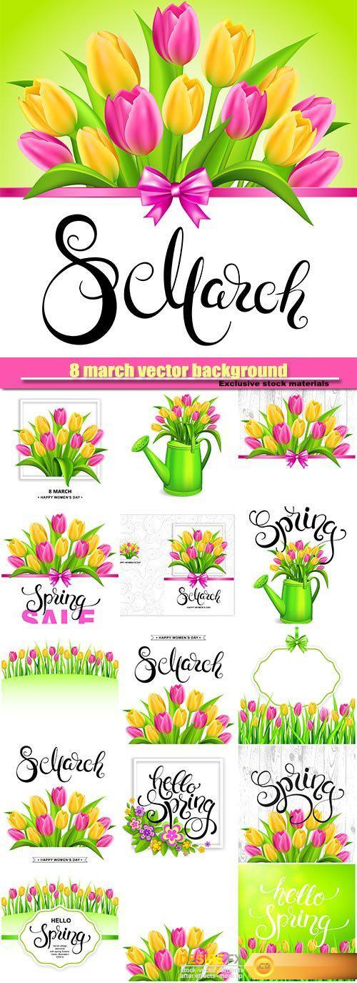 8 march background with handwritten calligraphy lettering and tulips bouquet