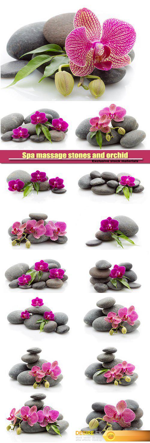 Spa massage stones and orchid isolated on the white background