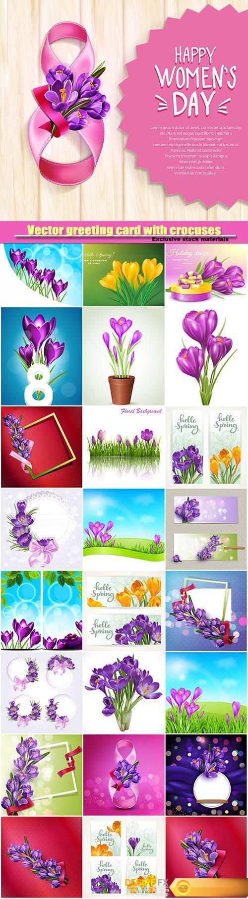 Vector greeting card with crocuses, frame with spring flowers