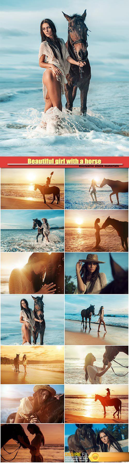 Beautiful girl with a horse on the beach