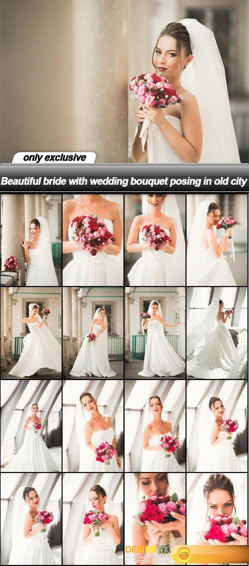 Beautiful bride with wedding bouquet posing in old city - 17 UHQ JPEG