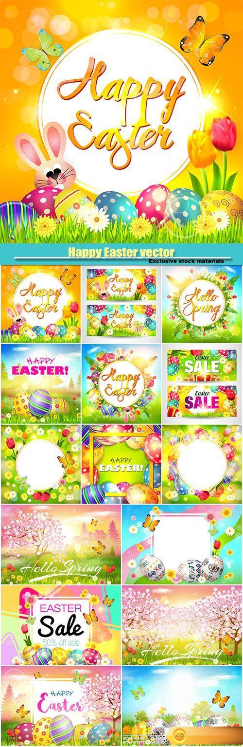Happy Easter, vector background with flowers and Easter bunny