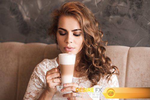 Beautiful blonde woman drinking coffee in cafe - 7 UHQ JPEG