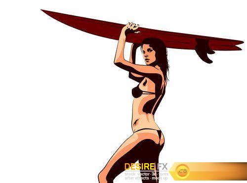 Girl with surfboard - 5 EPS