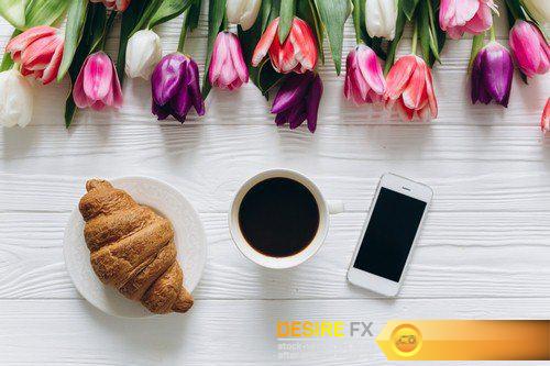 Coffee croissant and tulips - 5 UHQ JPEG