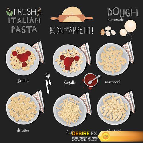 All kinds of pasta illustration and lettering - 15 EPS