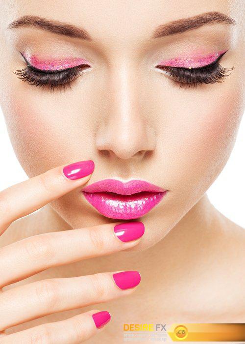 Beautiful woman face with pink makeup of eyes and nails - 11 UHQ JPEG