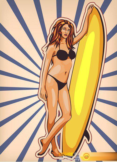 Girl with surfboard - 5 EPS