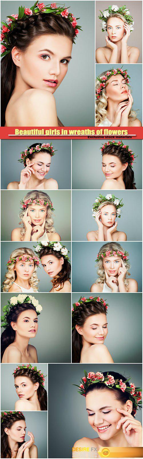 Beautiful girls in wreaths of flowers, skincare and cosmetology concept