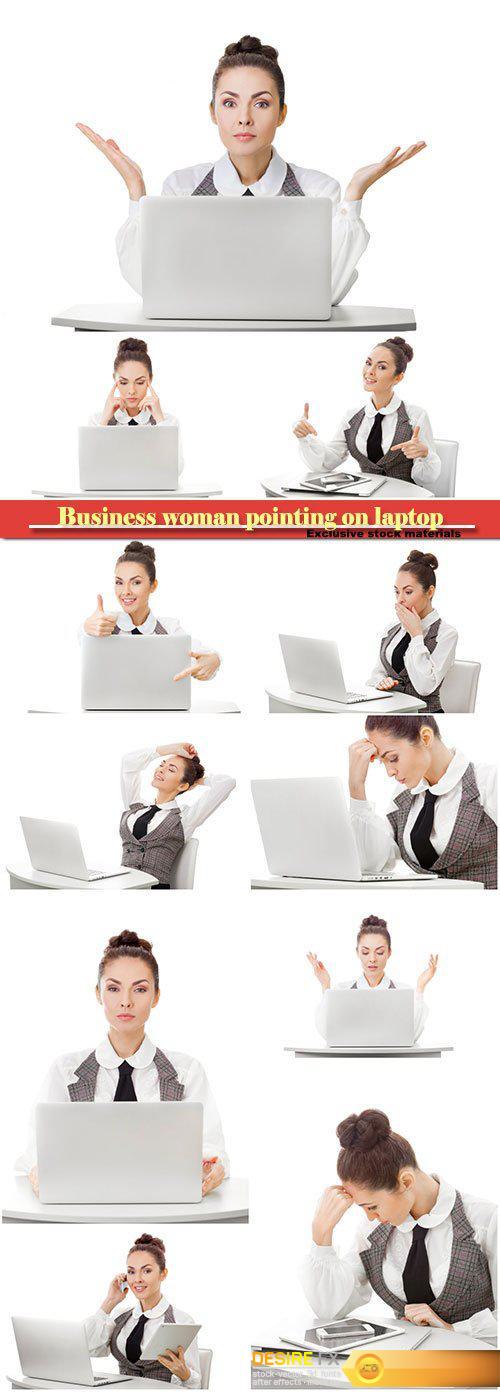 Business woman pointing on smartphone, laptop, tablet