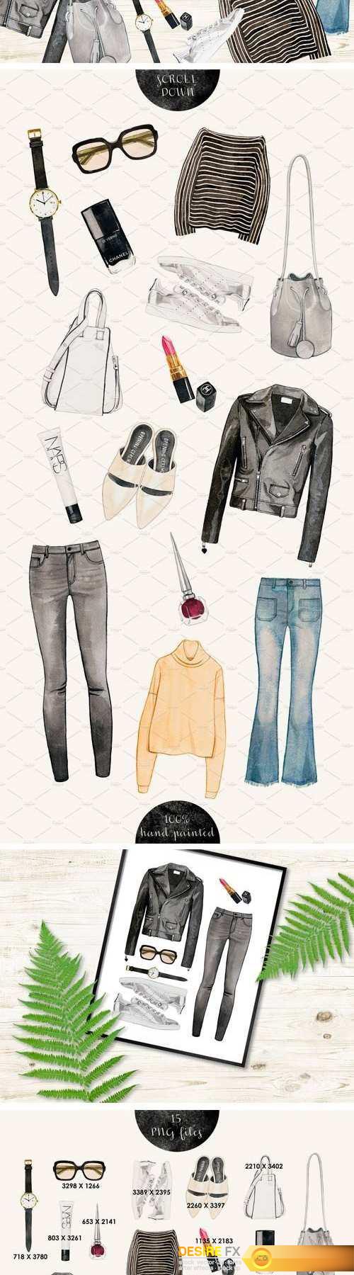 Trendy Fashion Items in Watercolor - 1523968