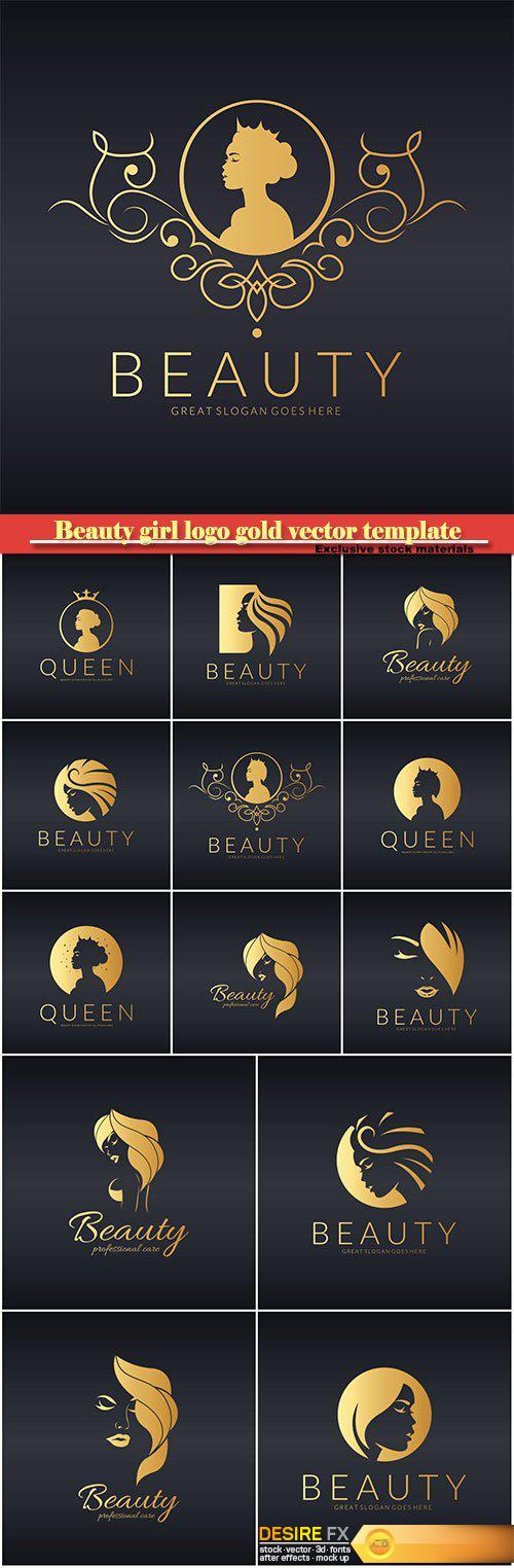 Beauty girl logo gold vector template