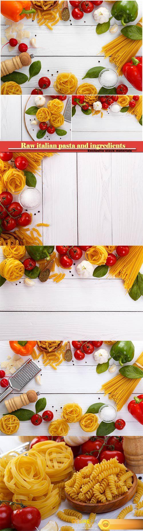 Raw italian pasta and ingredients composition on white wooden board