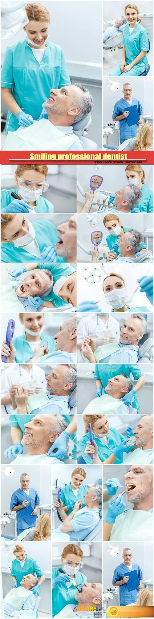 Smiling professional dentist looking at patient