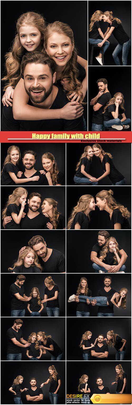 Happy family with child wearing black background