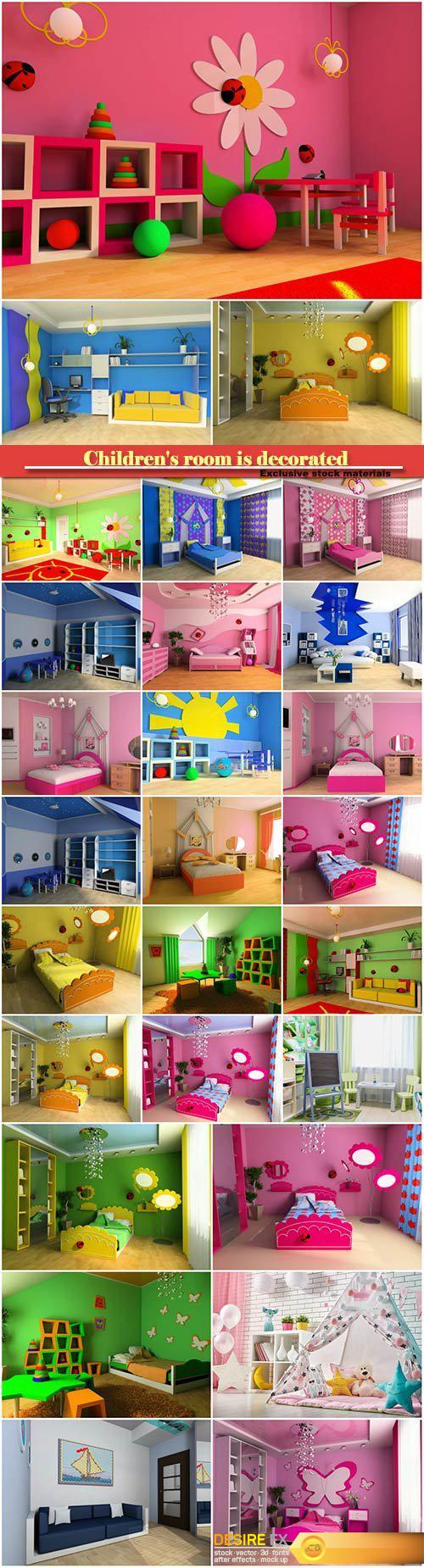 Children's room is decorated in pink, blue and green tones