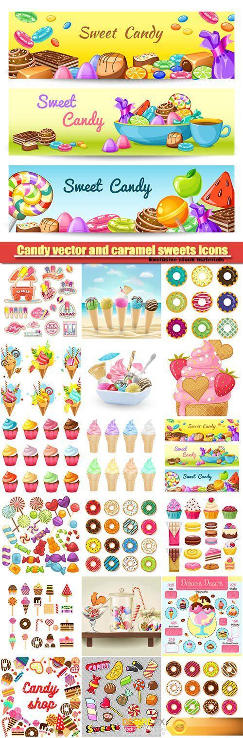 Candy vector and caramel sweets icons, sweetmeats, toffee, candy canes, marmalade comfits and ice-cream